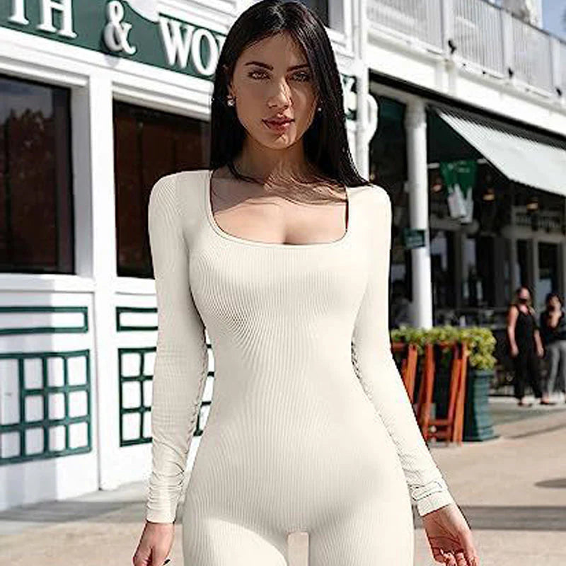 Women's Seamless Long-Sleeve Yoga Jumpsuit Beige