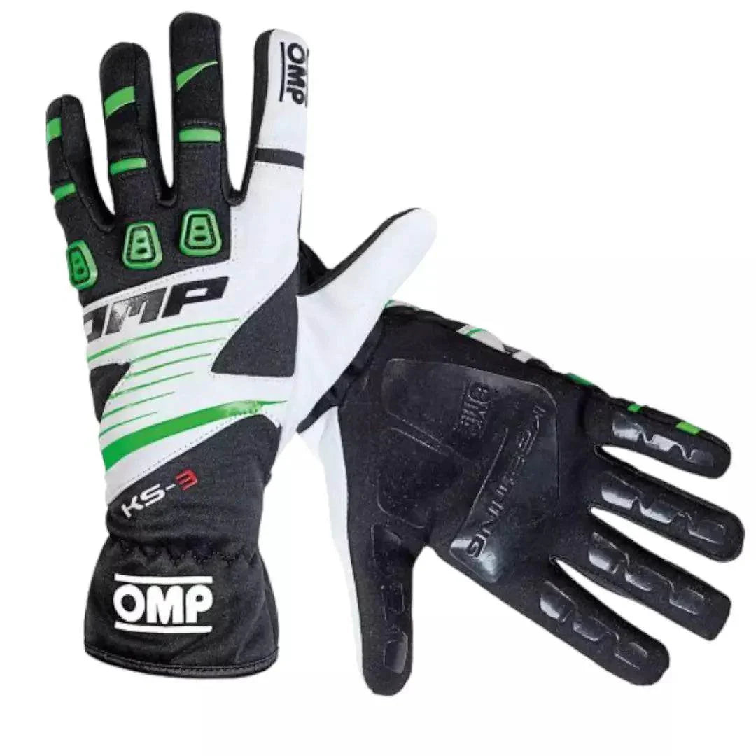 OMP KS-3 Kids Karting Gloves Black Fluro Green White