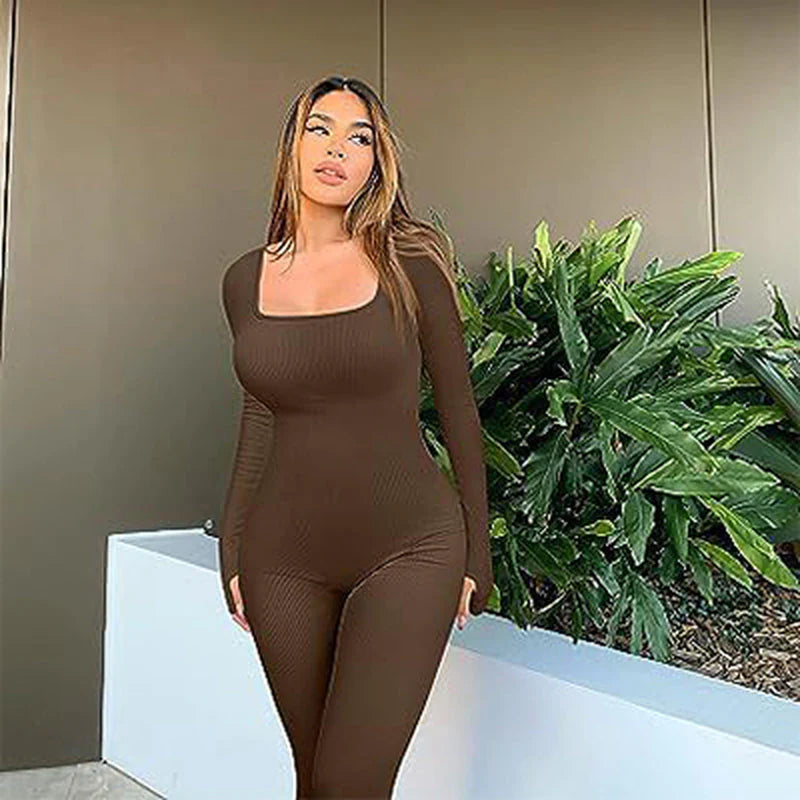 Women's Seamless Long-Sleeve Yoga Jumpsuit Coffee