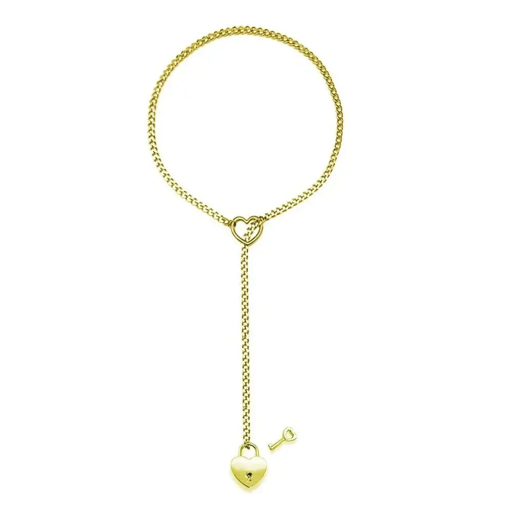 Adjustable Heart O-Ring Punk Rock Cuban Chain Necklace – Lariat Y-Style Necklace with Key & Heart Lock Pendant Gold